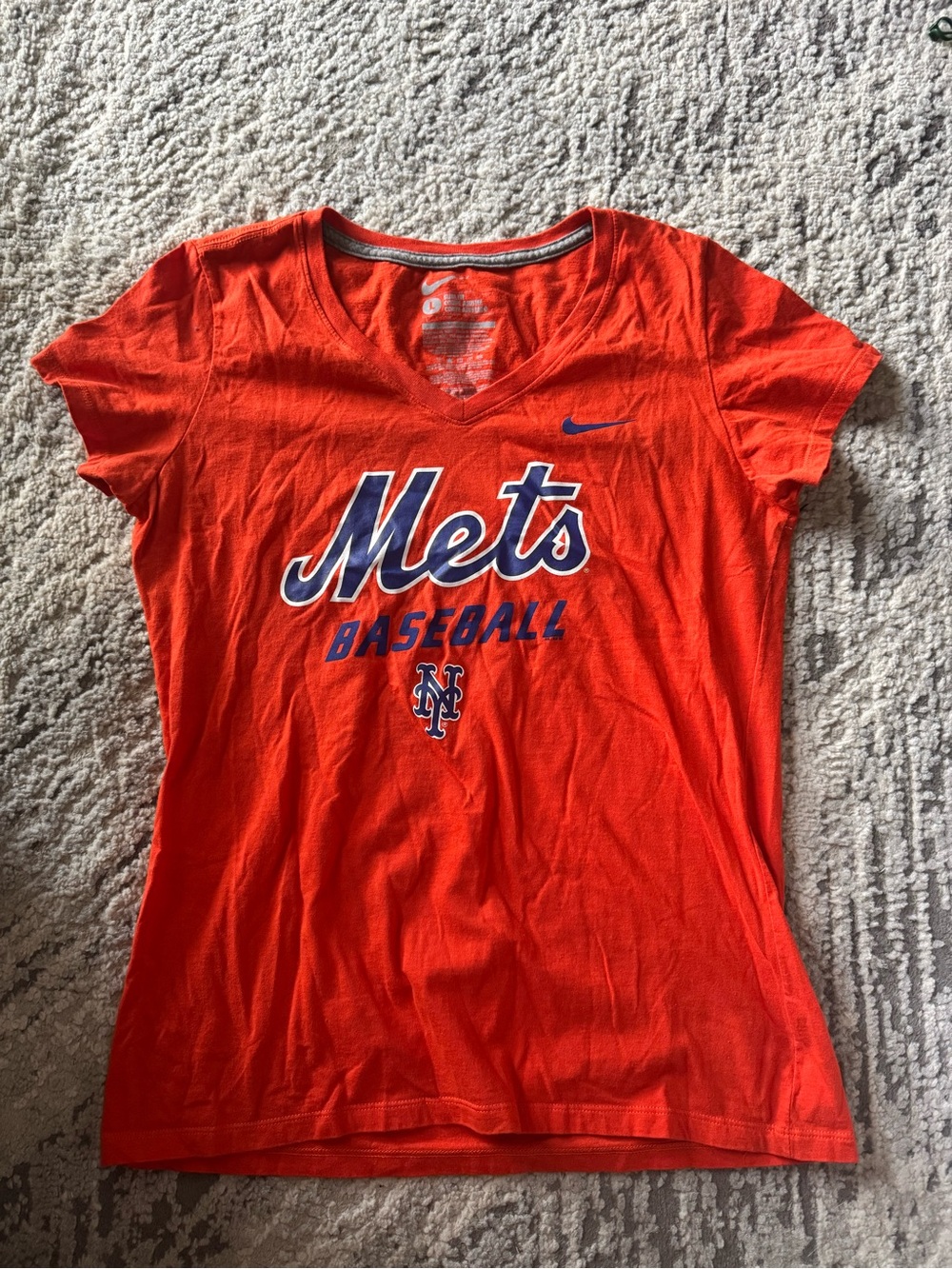 Nike Orange Mets V‑Neck Tee with Blue and White Logos